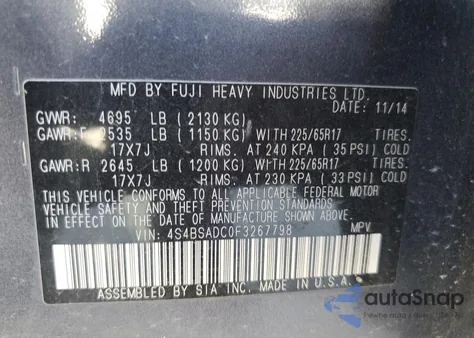 2015 Subaru Outback 2.5I Premium z USA, uszkodzony, nr VIN 4S4BSADC0F3267798